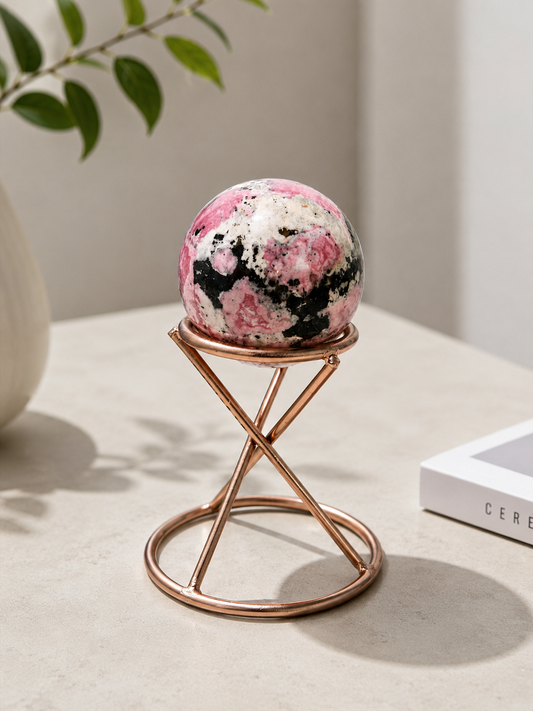 Premium Natural Rhodonite Crystal Sphere with Rose Gold Stand
